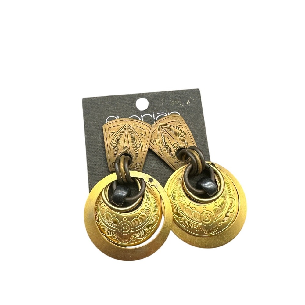 Florian Vintage‎ 80s Gold Tone Etched Mixed Metal Round Drop Boho Earrings